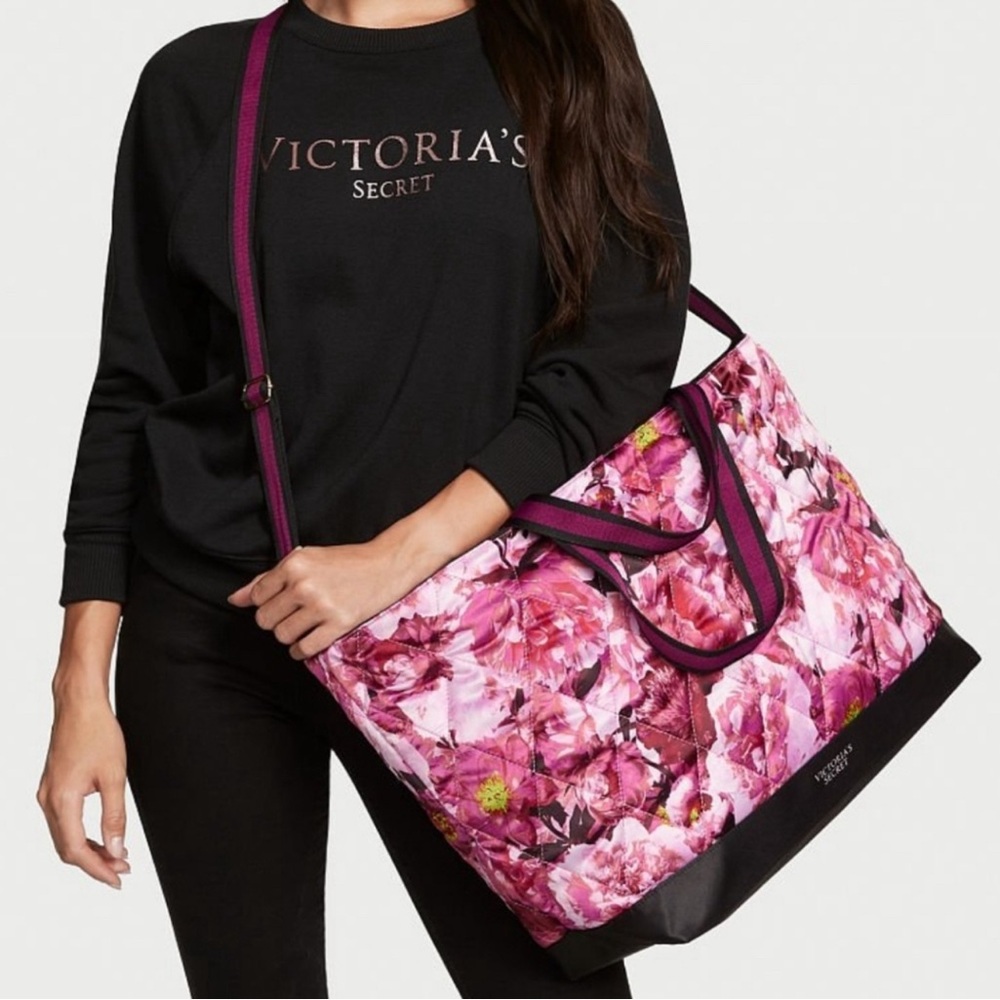 Victoria's Secret Pink and Black Floral Quilted Nylon Tote